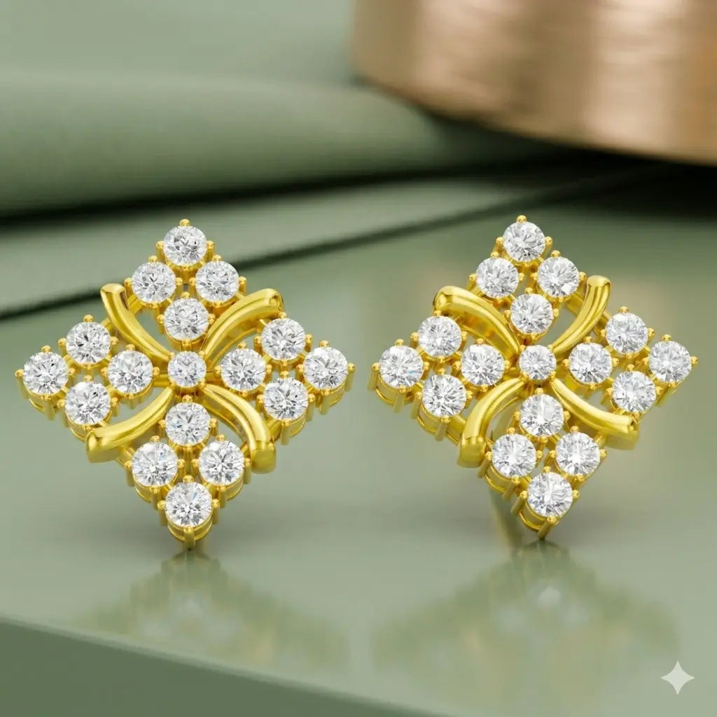 22K Real Gold Diamond Floral Stud Earrings By Zuni Zuni