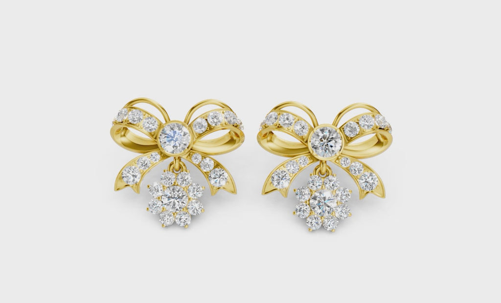 22K Gold Diamond Bow Drop Earrings | Floral Design By ZUNI