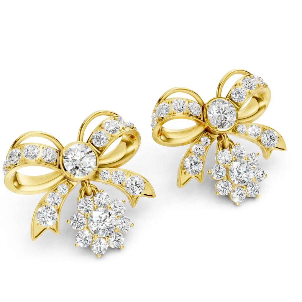 22K Gold Diamond Bow Drop Earrings | Floral Design By ZUNI Zuni