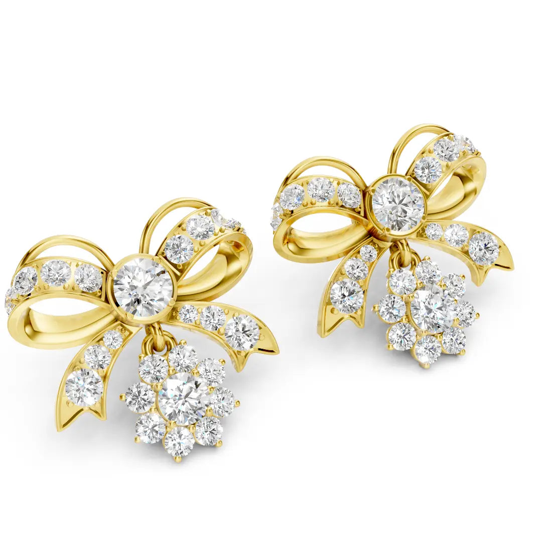 22K Gold Diamond Bow Drop Earrings | Floral Design By ZUNI Zuni